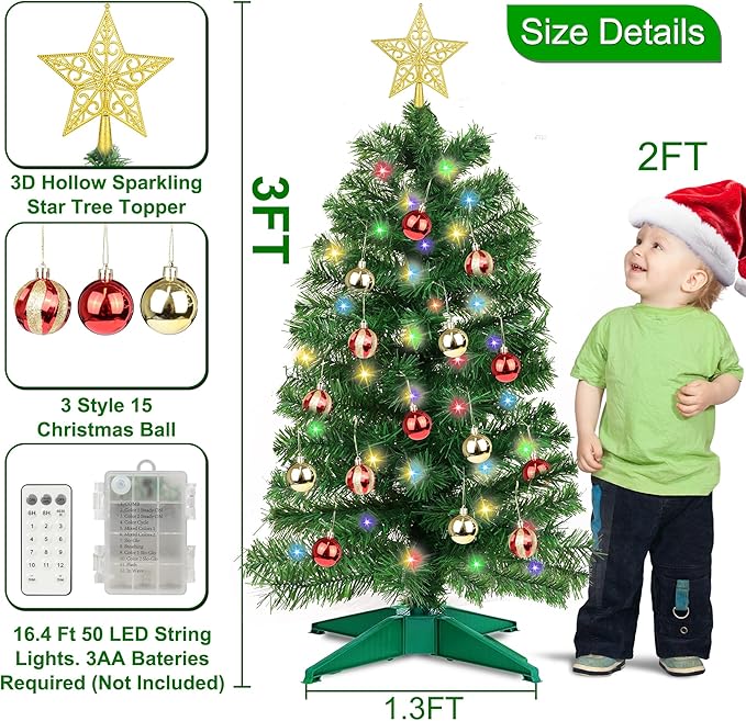 3 Feet Premium Green Christmas Tree 12 Modes Dual Color Change Timer DIY 50 Warm White & Multicolor Lights Star 15 Ball Ornaments Battery Operated Small Artificial Full Xmas Tree Table Home Indoor