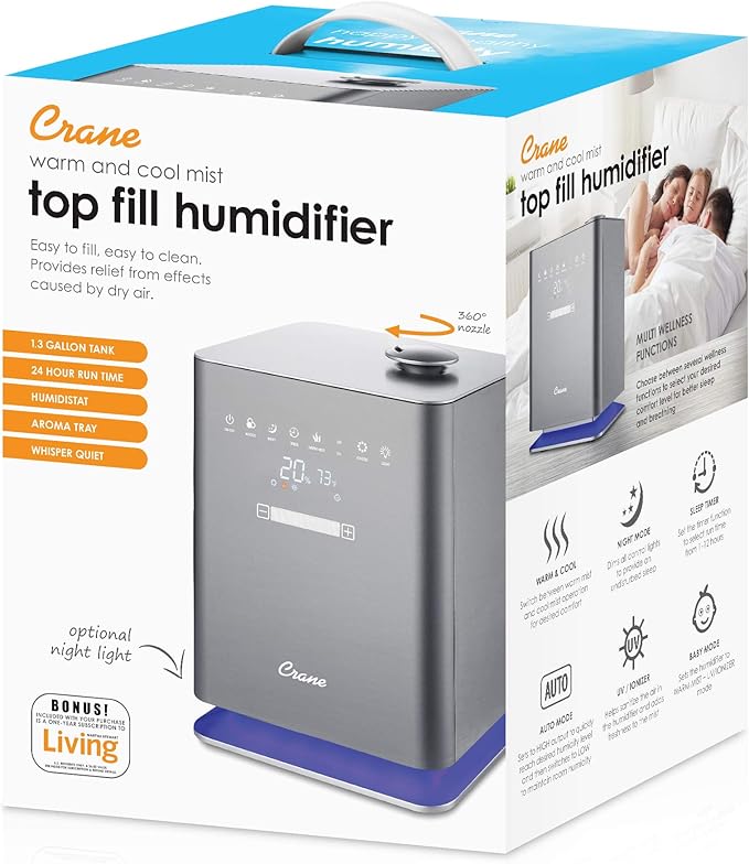 Crane Ultrasonic Warm & Cool Mist Air Humidifier for Bedroom, Top Fill, UV Light, 1.2 Gallon Tank, 500 Sq Ft Coverage, With Remote, Grey