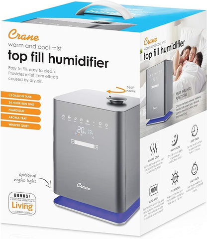 Crane Ultrasonic Warm & Cool Mist Air Humidifier for Bedroom, Top Fill, UV Light, 1.2 Gallon Tank, 500 Sq Ft Coverage, With Remote, Grey