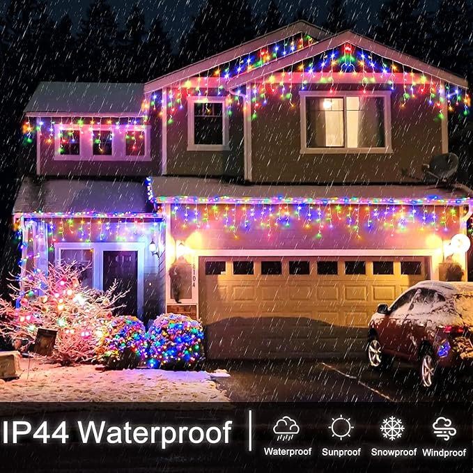 Icicle Christmas Lights Outdoor - 33ft 400 LED Icicle Lights for Outside with 75 Drops, Waterproof Plug in Christmas Light with Timer for Party, Holiday, Wedding, Christmas Decoration, Multicolor