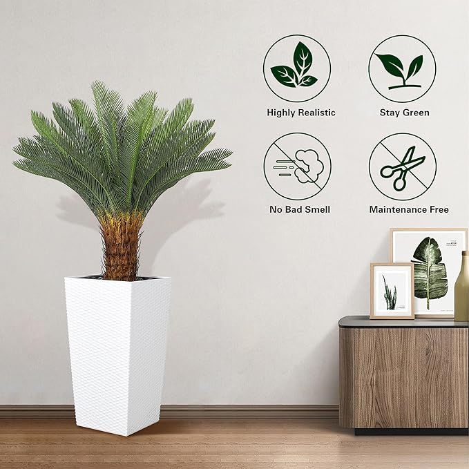 Artificial Palm Tree, 4FT Fake Palm Tree with White Tall Planter, Artificial Plants with Realistic Trunk and Leaves, Faux Sago Palm for Home and Office Décor, No Maintenance Indoor Greenery