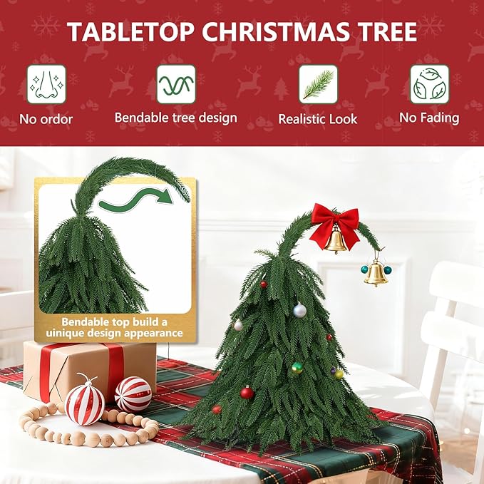 Tabletop Norfolk Pine Christmas Tree, 2FT Green Mini Artificial Christmas Topiary Tree with Norfolk Branch, Small Xmas Tree for Christmas Gnome Holiday Indoor Decoration