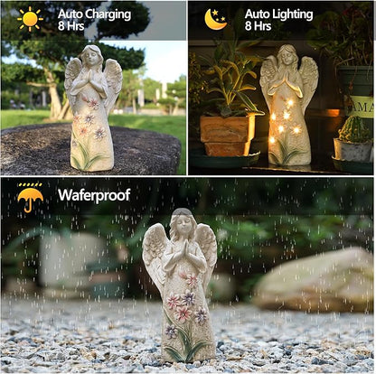Garden Angel Statues Outdoor Decor 9.6 inches 6 LED Lights Solar Outdoor Sculptures for Outside Yard Art Patio Balcony Front Lawn Ornaments Gifts for Mom Grandma Women