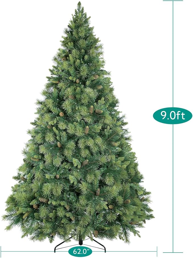 Naomi Home Vail 9ft Prelit Artificial Christmas Tree with Pine Cones, Foot Pedal, 2294 Branch Tips, 1050 Warm Lights and Metal Stand, 62" Wide Realistic Traditional Christmas Tree with Lights