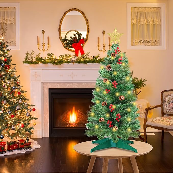 3 Ft Artificial Christmas Tree with Pine Needle Acorn Red Berries 8 Modes Timer 50 Warm White Lights Battery Operated Small Xmas Full Tree for Home Indoor Office Tabletop Holiday Decorations