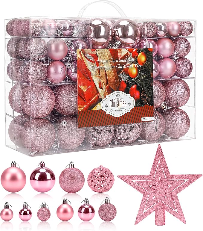 Aitsite 100 Pack Christmas Tree Ornaments Set Mini Shatterproof Holiday Ornaments Balls for Christmas Decorations (Pink)
