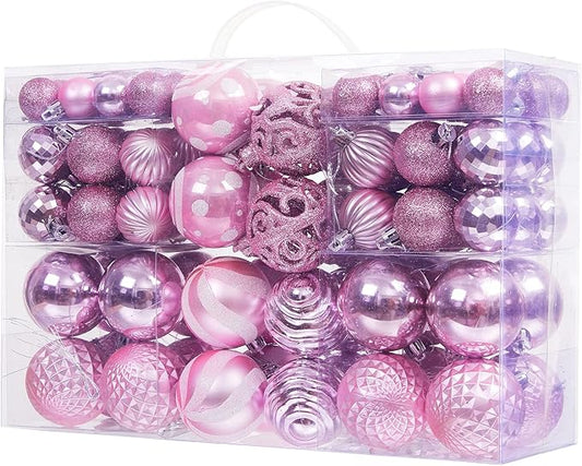 100PCS Christmas Ball Ornaments, Assorted Shatterproof Christmas Tree Decorations, Seasonal Decorative Hanging Baubles Decor Set for Xmas/Holiday/Party, Glitter&Painting Ornament Set (Pink)