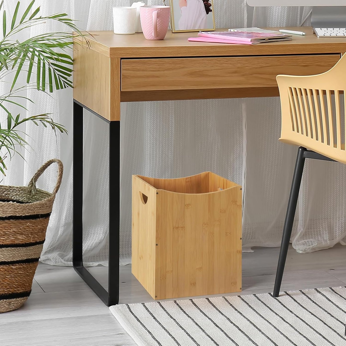 Trash Can Rectangular 5 Gallon Bamboo Waste Basket with Handles, Farmhouse Wastebaskets for Bathroom Office Trash Cans Square Bedroom Garbage Can Recycling Bin for Living Room Kitchen Under Counter