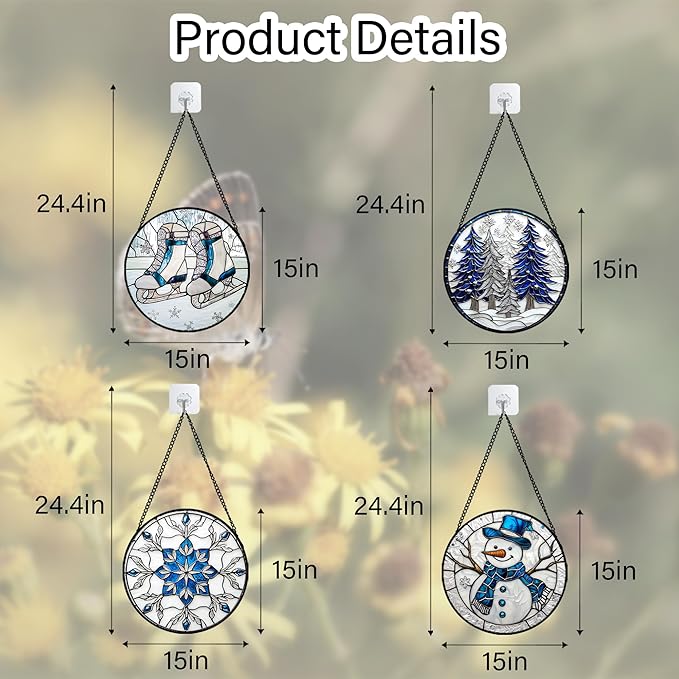 Stained Glass Window Hanging 4 Pcs Set White Winter Christmas Snow Scene Large 15" - Suncatcher Door Garden Sun Catcher Decor Birthday for Mom Woman Nana Men Friend Wife