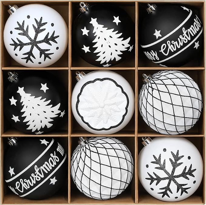 SHareconn 100MM/4 Inch 9PCS Large Christmas Balls Ornaments, Shatterproof Plastic Hanging Big Baubles Set for Xmas Tree Decoration Holiday Party Wedding Decorations with Hook,Black and White