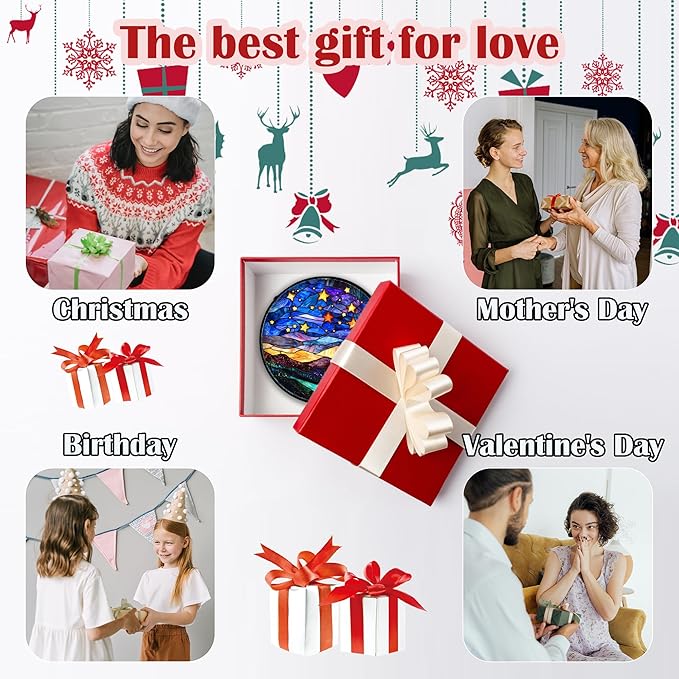 Stained Glass Window Hanging, Blue Sky Gold Stars Abstract Landscape Suncatcher for Doors Window Home Sun Catchers Decor Mother's Day Birthday Gifts for Women, Men Mom 9.8 in