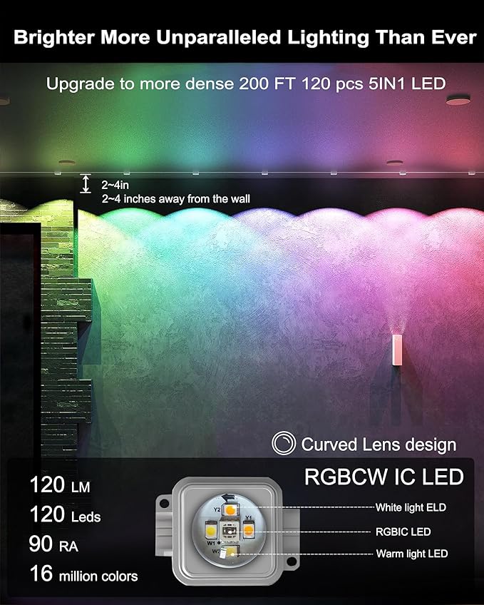 RGBCW Permanent Outdoor Lights,108 Scene Modes Smart Outdoor Christmas Lights with Voice Remote APP Control, IP68 LED Eaves Lighting for Halloween Party, Daily Garden Decor (120LED 200FT)