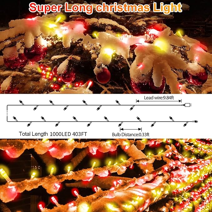 403 FT 1000 LED Christmas Lights Outdoor Decorations Super Long Fairy String Lights Waterproof 8 Modes Timer Clear Wire for Outside House Tree Patio Yard Wedding Party Holiday-Warm White & Red