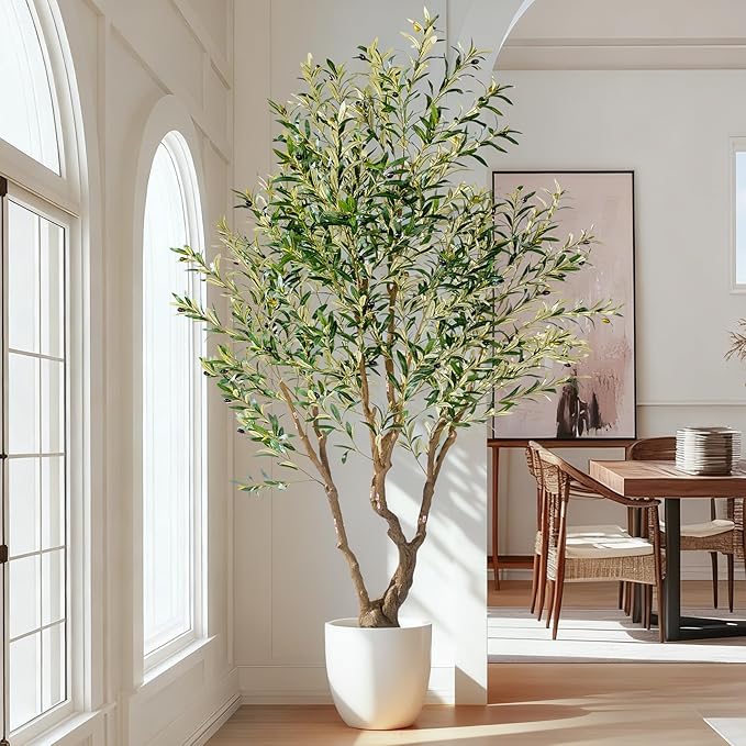 8ft Faux Olive Tree with Pot & Moss Artificial Olive Plant Fake Olive Tree for Home Decor, Large Indoor Artificial Trees Faux Plants Indoor Durable Artificial Trees for Living Room/Office