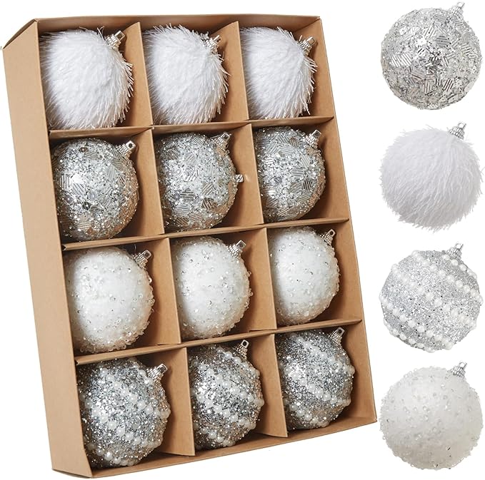 Silver Christmas Ball Ornaments, Christmas Ball Decorations Shatterproof Plastic Hanging Pearl Balls for Holiday Party(70mm/2.76", 12ct)