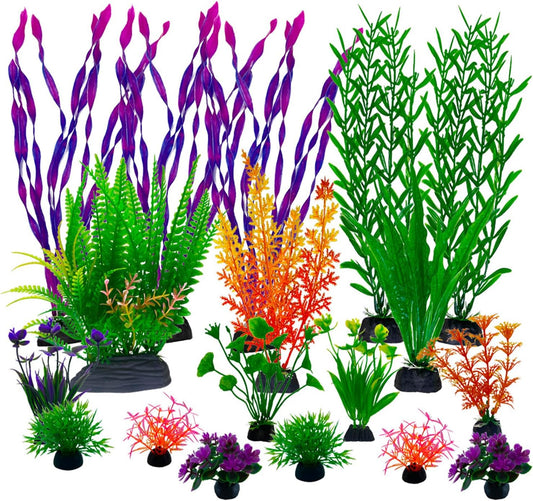18 Pieces Colorful Artificial Fish Tank Decorations, Aquarium Decorations Fish Tank Purple and Green Artificial Plastic Plants