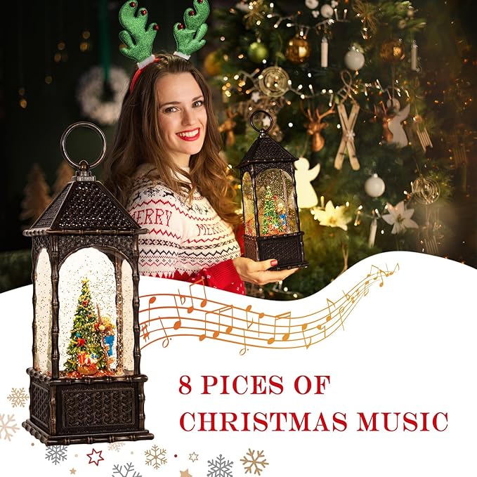 Christmas Snow Globes,Swirling Music Box Christmass Trees with 8 Songs & 6H Timer,Battery Operated & USB Powered Christmas Lanterns for Indoor Holiday Table Party Gifts (Children Climbing Trees)