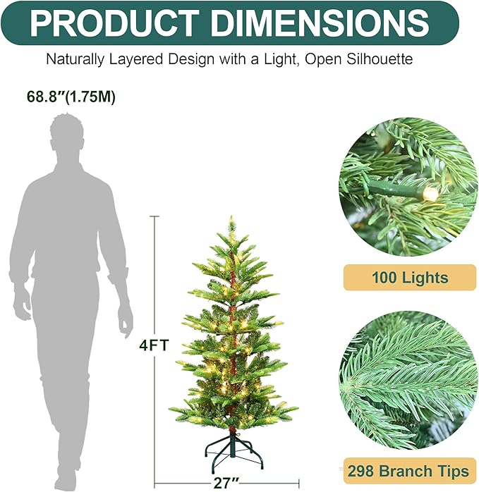 4FT Prelit Artificial Christmas Tree, Premium Douglas Fir Christmas Tree with 100 Warm White Lights & 298 Branch Tips, PE & PVC Pre Lit Hinged Xmas Trees with Metal Base for Party, Holiday Decoration