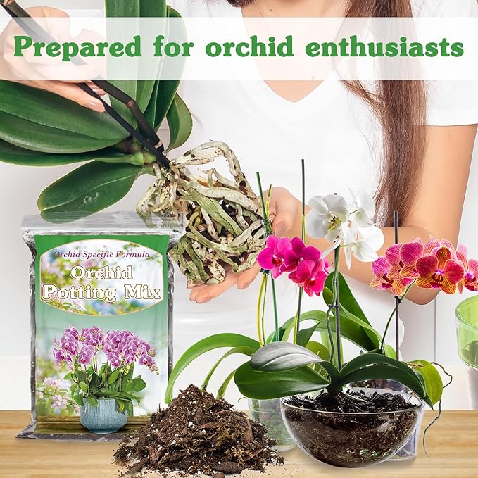 Orchid Potting Mix 2 Quarts, Mixture of Moss Pine Bark Coco Peat and Perlite, HOUNANG Orchid Bark Potting Mix, Orchid Repotting Kit Suitable for Plant Root Expansion and Good Drainage
