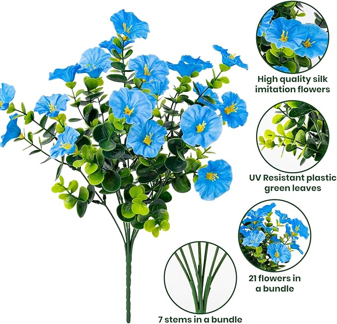 Artificial Faux Flowers for Outdoor 16 Bundles Boxwood Fake Morning Glory for Planter,UV Resistant Fake Flowers for Home Porch Patio Outside（Blue）
