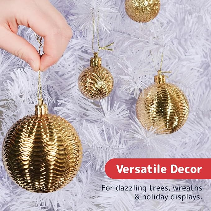 Prextex 36pc Shatterproof Christmas Ornaments Set - Gold Christmas Tree Decorations in 3 Sizes and 6 Styles - Hanging Balls with Loops in Matte, Shiny, and Glitter Finishes for Indoor-Outdoor Display