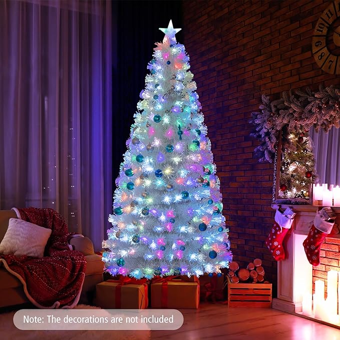 HAPPYGRILL 7FT Pre-lit Fiber Optic Christmas Tree, White Snow-Flocked Artificial Xmas Tree with 270 Branch Tips, 270 Multi-Color LED Lights, Top Star, Fake Holiday Tree for Party Office Home