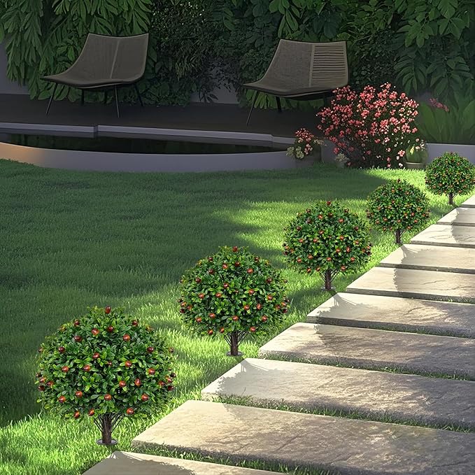 Artificial Boxwood Topiary Tree with Olive, Set of 2 Artificial Shrub Bushes with Ground Spike, Fake Evergreen Tree for Porch, Artificial Plants for Outdoor Planters Indoor UV Resistant