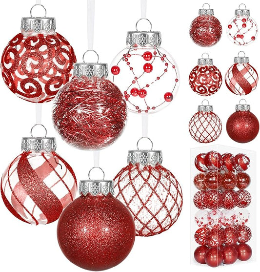 Ouddy Decor 36 Pcs Clear Christmas Ball Ornaments, 2.36" Shatterproof Red Plastic Christmas Ornaments Set Decorative Hanging Transparent Baubles for Xmas Tree Holiday Party Decor, Red