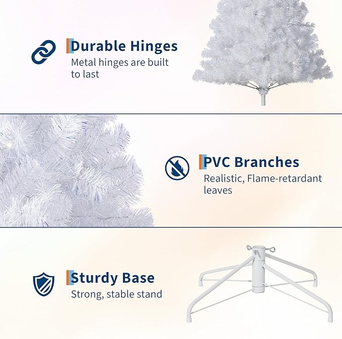 GAOMON 6Ft Prelit Christmas Tree, White Tinsel Christmas Tree with 250 Warm White Led Lights & Sturdy Stand, Sparkle Xmas Decorations for Homes Offices, Parties, White