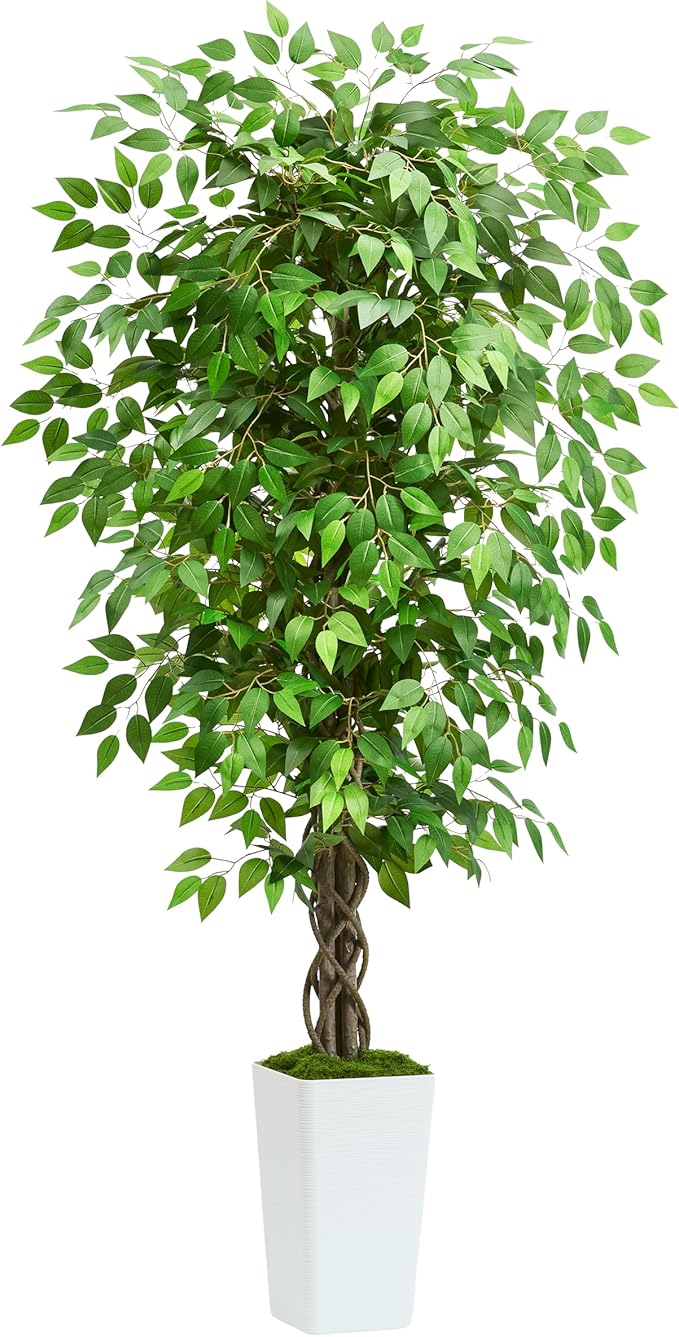 Artificial Ficus Tree 5FT Faux Plants Indoor Tall Fake Plants with White Tall Planter, Green Lifelike Lush Fake Ficus Tree for Home Living Room Bedroom Outdoor Balcony House Office Decor