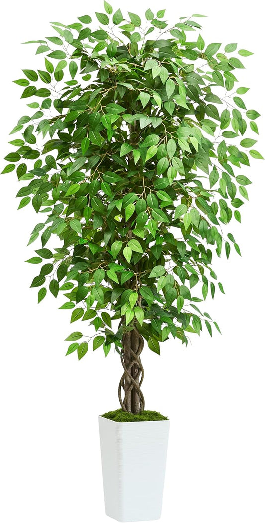 Artificial Ficus Tree 5FT Faux Plants Indoor Tall Fake Plants with White Tall Planter, Green Lifelike Lush Fake Ficus Tree for Home Living Room Bedroom Outdoor Balcony House Office Decor