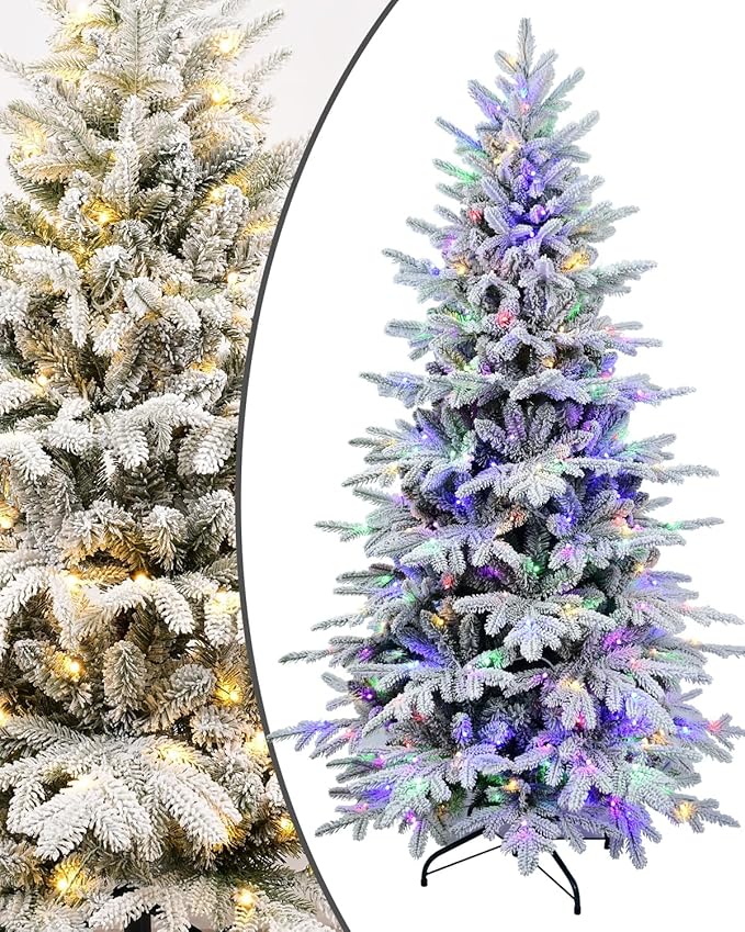Prelit Christmas Tree 7ft, Artificial Flocked Christmas Tree with 400 Warm White & Multicolor Lights, 2086 PE PVC Tips, LED Frosted Xmas Tree with Snow, 9 Color Modes, Hinges, Home Decor