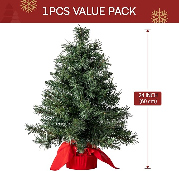 JOIEDOMI 24"/2FT Small Tabletop Christmas Tree with Multi-Color LED Lights, Table Top Christmas Decorations Pre-lit Artificial, Green Mini Lighted Tree for Xmas Decorations Indoor Party Décor