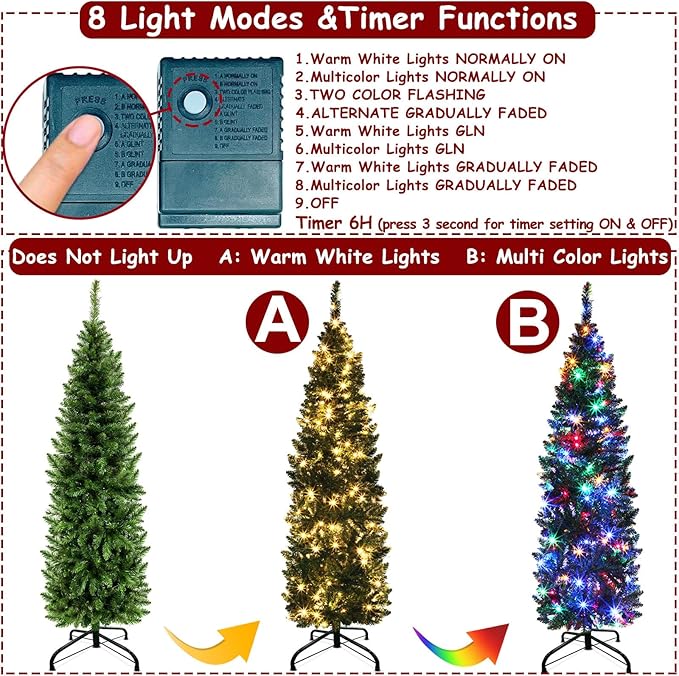 5 Ft Prelit Pencil Artificial Christmas Tree with Timer 180 LED Warm White & Colorful Change Lights 8 Modes Plug in 550 Branch Tips Metal Stand Slim Tree Xmas Decor Indoor Outdoor