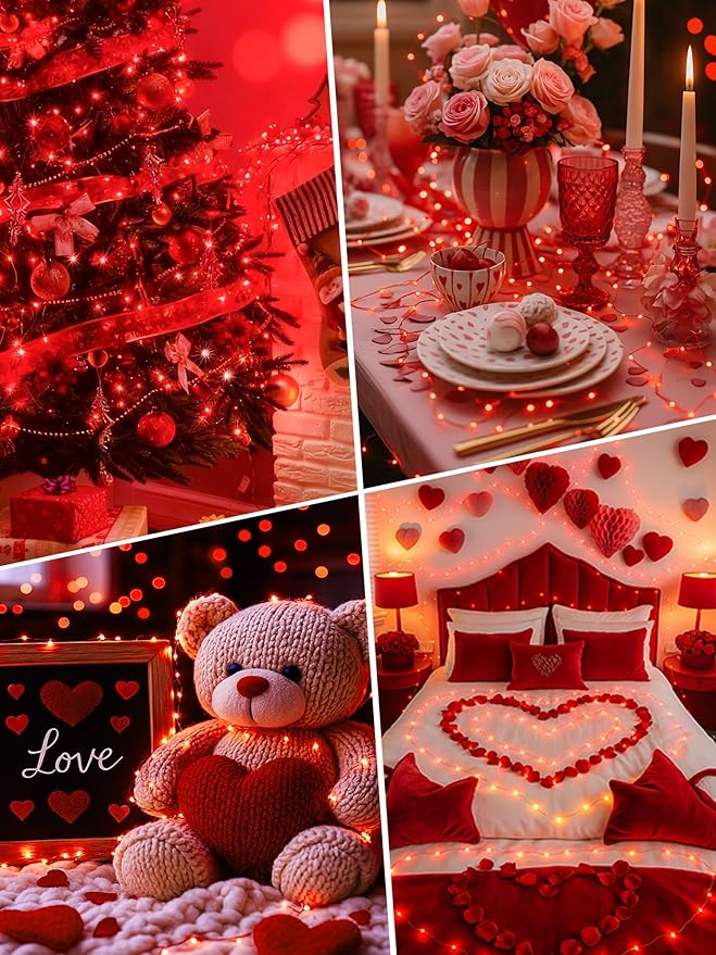 btfarm 4 Pack Fairy Lights Battery Operated with Timer, 16.4 FT 50 LED Silver Wire Twinkle String Lights 8 Modes Dimmable Waterproof for Indoor Christmas Bedroom Wedding Decorations, Red