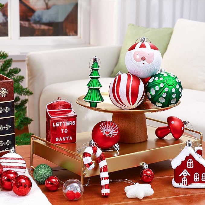SHareconn 80ct Christmas Balls Ornaments Set, Shatterproof Plastic Colorful Xmas Decorative, Baubles for Tree Decorations with Hanging Strings, Red, Green & White