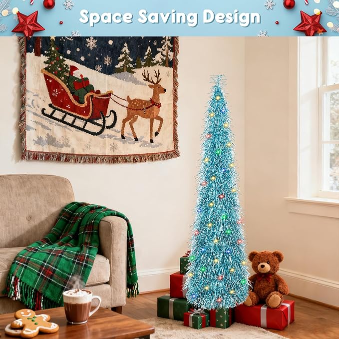 5FT Christmas Trees with 90 Lights, Collapsible Artificial Sequin Pop Up Christmas Tree, Tinsel Slim Pencil Christmas Tree for Home Holiday Fireplace Party Indoor Outdoor Xmas Decorations