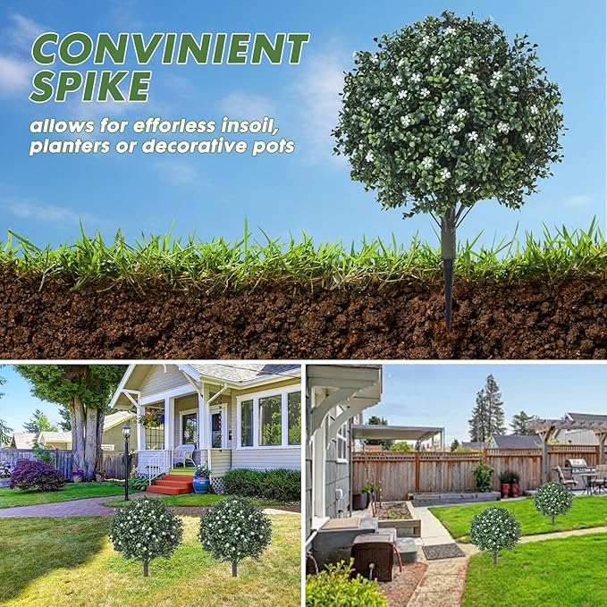 24" Artificial Boxwood Topiary Ball Bush with White Flowers, Set of 2 Artificial Shrub Bushes with Spike, Fake Evergreen Tree for Porch, Artificial Plants for Outdoor Planters Indoor UV Resistant