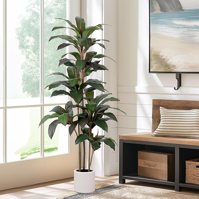 Artificial Dracaena Tree 5 FT, Fake Tree with White Planter, Faux Yucca Silk Floor Plants Indoor, Artificial Trees for Home Office Decor Indoor Outdoor Housewarming Gift