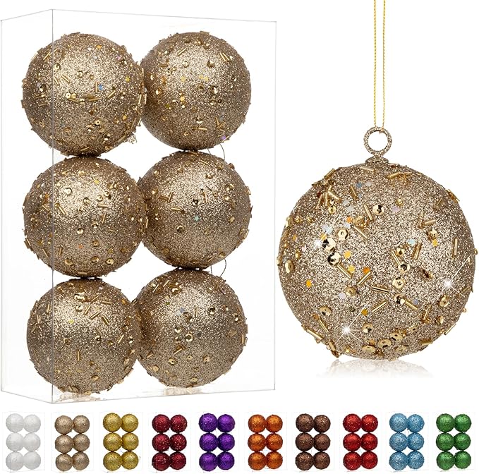 3.15" Large Christmas Balls Ornaments 6 Pcs Shatterproof Big Champagne Christmas Ornaments for Xmas Tree Bulk Glitter Big Xmas Tree Ornament for Trees Halloween Holiday Wedding Party Decoration