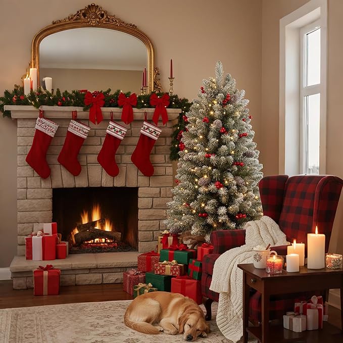 3FT Pre-lit Tabletop Christmas Tree, Mini Small Flocked Christmas Trees with 9 Modes LED Lights, Pine Cones & Berries, Battery Operated with Timer, for Home Office Desk Decor