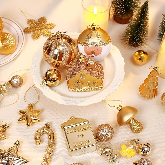 SHareconn 80ct Christmas Balls Ornaments Set, Shatterproof Plastic Colorful Xmas Decorative, Baubles for Tree Decorations with Hanging Strings,Deep Shallow Gold