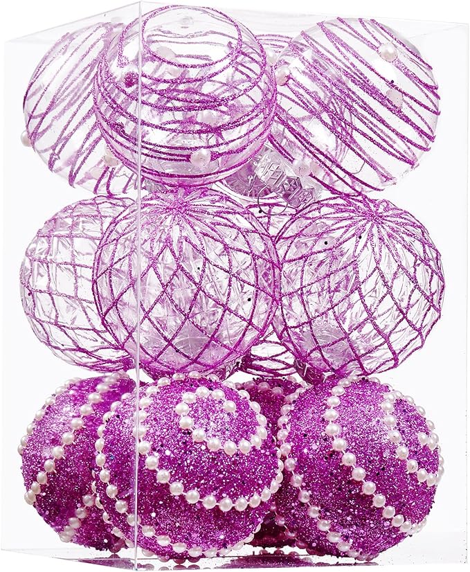 12CT Christmas Ball Ornaments Purple Shatterproof Clear Large Plastic Christmas Tree Decoration, Delicate Hanging Ornaments for Xmas Party, Wedding, Holiday and Home Décor(70mm/2.76")