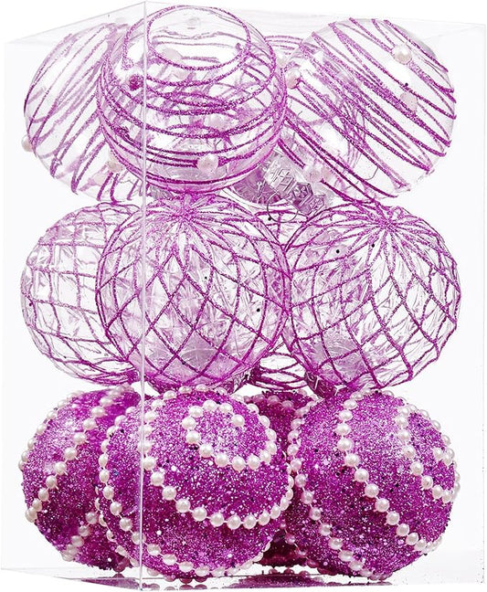 12CT Christmas Ball Ornaments Purple Shatterproof Clear Large Plastic Christmas Tree Decoration, Delicate Hanging Ornaments for Xmas Party, Wedding, Holiday and Home Décor(70mm/2.76")
