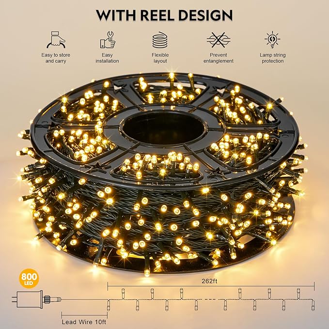 JMEXSUSS 272ft 800 LED Outdoor Christmas Lights, 8 Modes Warm White Christmas Tree Lights Green Wire, Waterproof Led String Light for Outside Indoor Xmas Party Tree Decor
