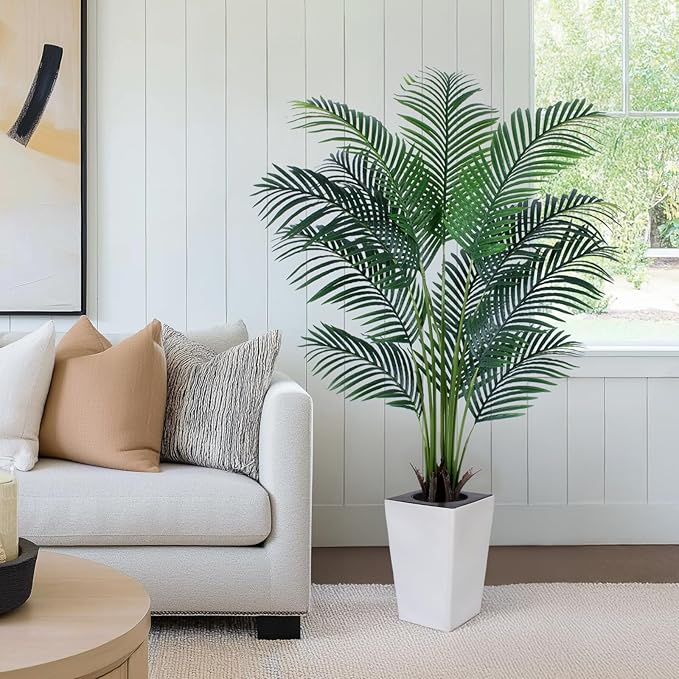 Artificial Palm Tree with White Tall Planter, 5ft Tall Potted Artificial Silk Palm Tree Plant, Fake Tropical Plant, Home Office Floor Room Decor Plants Indoor Outdoor, Housewarming Gift