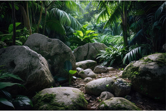 Reptile Habitat Backdrop Lush Tropical Plants and Rocks Terrarium Backdrop Dense Vegetation with Large Broad Leaves and Ferns Fish Tank Background Aquarium Wallpaper Poster Decor Vinyl 30x12in