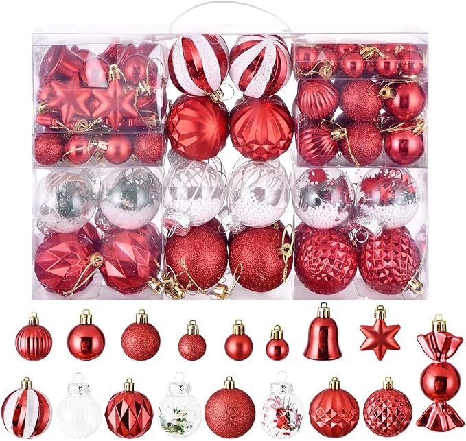 ILLUMINEW 111-Pack Christmas Balls Ornaments,Assorted Shatterproof Christmas Ornaments Set, Xmas Seasonal Luxurious Hanging Pendants Gift Package for Tree Party Holiday Indoor Decor(Red)