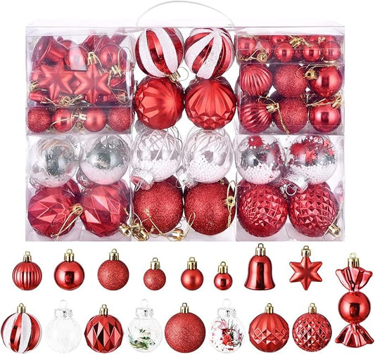 ILLUMINEW 111-Pack Christmas Balls Ornaments,Assorted Shatterproof Christmas Ornaments Set, Xmas Seasonal Luxurious Hanging Pendants Gift Package for Tree Party Holiday Indoor Decor(Red)