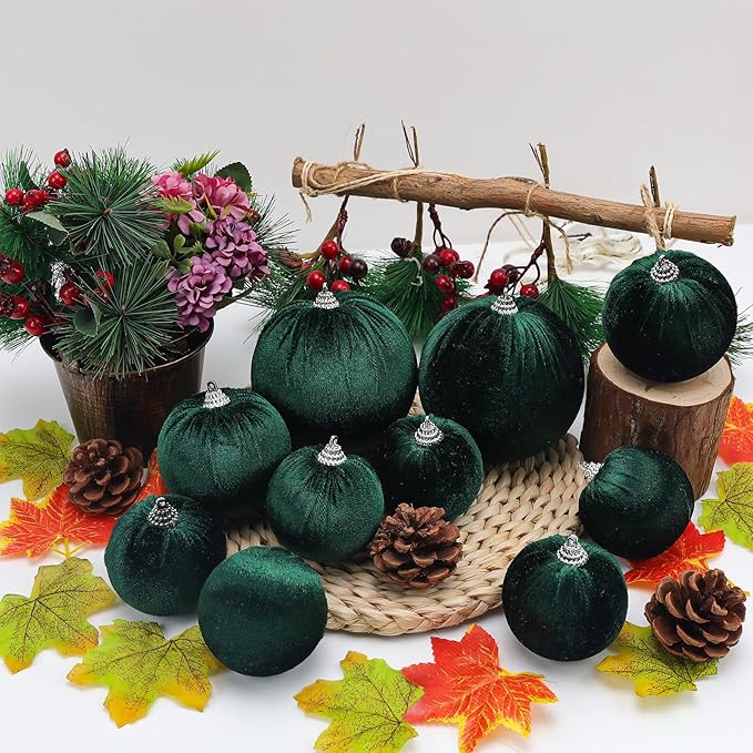Gresorth St. Partrick Day Hanging Bauble Decoration Dark Green Velvet Fabric Wrapped Ball Handmade Ornament Supermarket Store Pub 10pcs